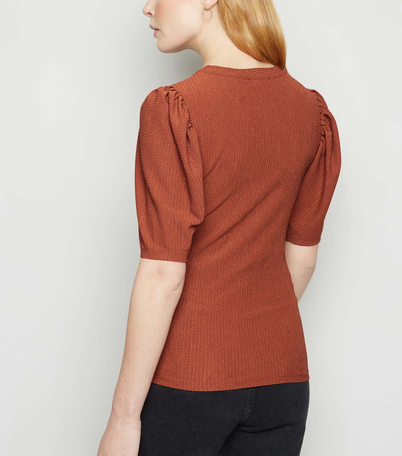 Coral Crinkle Puff Sleeve T-Shirt Image 3