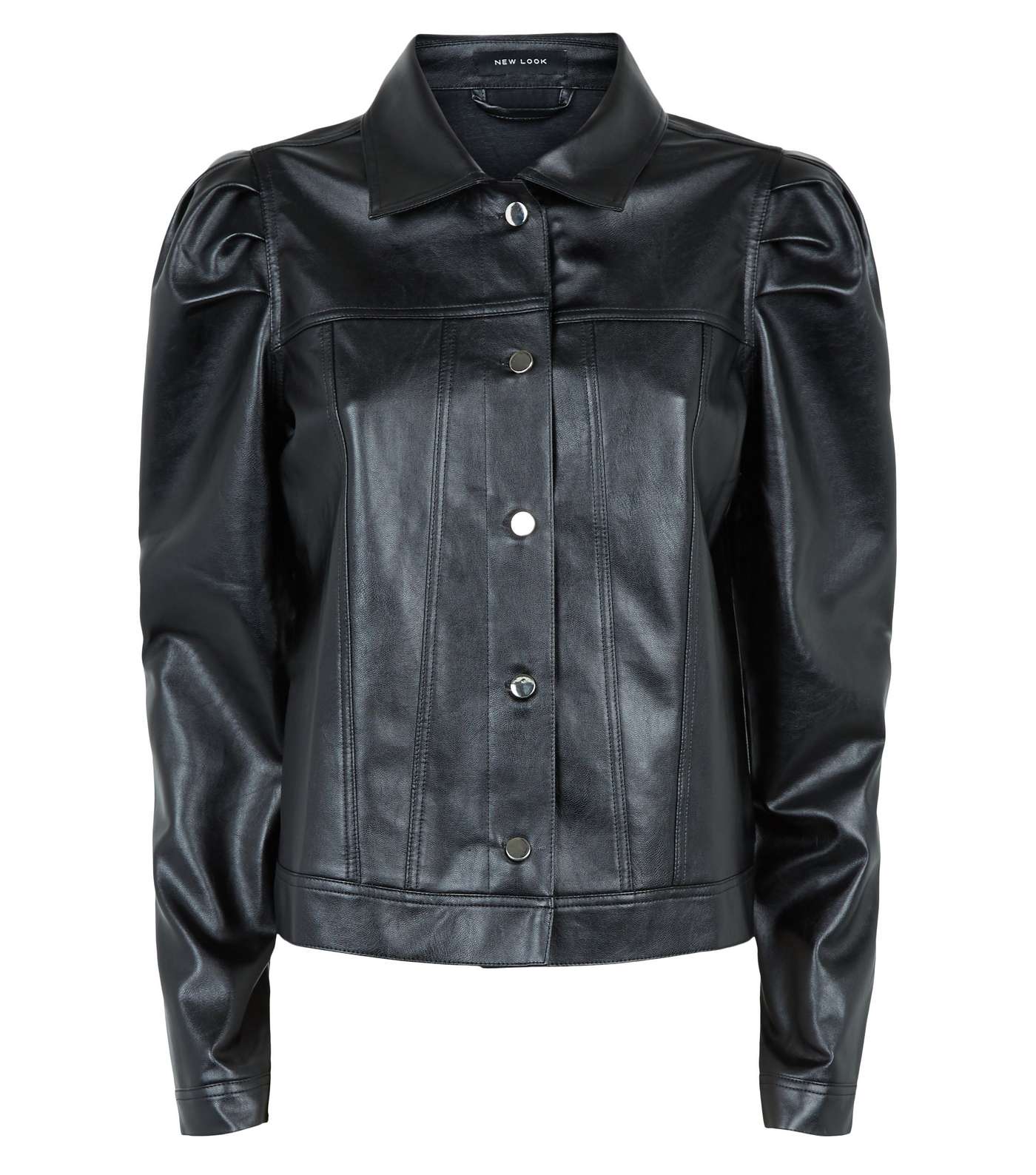 Black Leather-Look Puff Sleeve Jacket Image 4