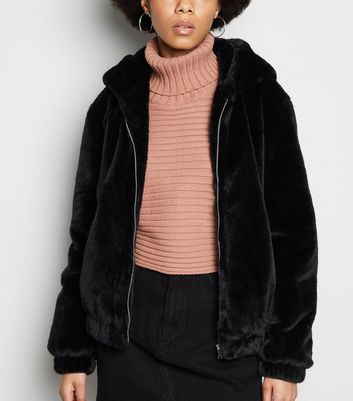 hooded faux fur jacket black