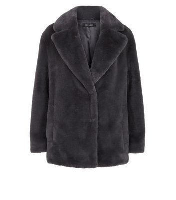 new look faux fur short coat in grey