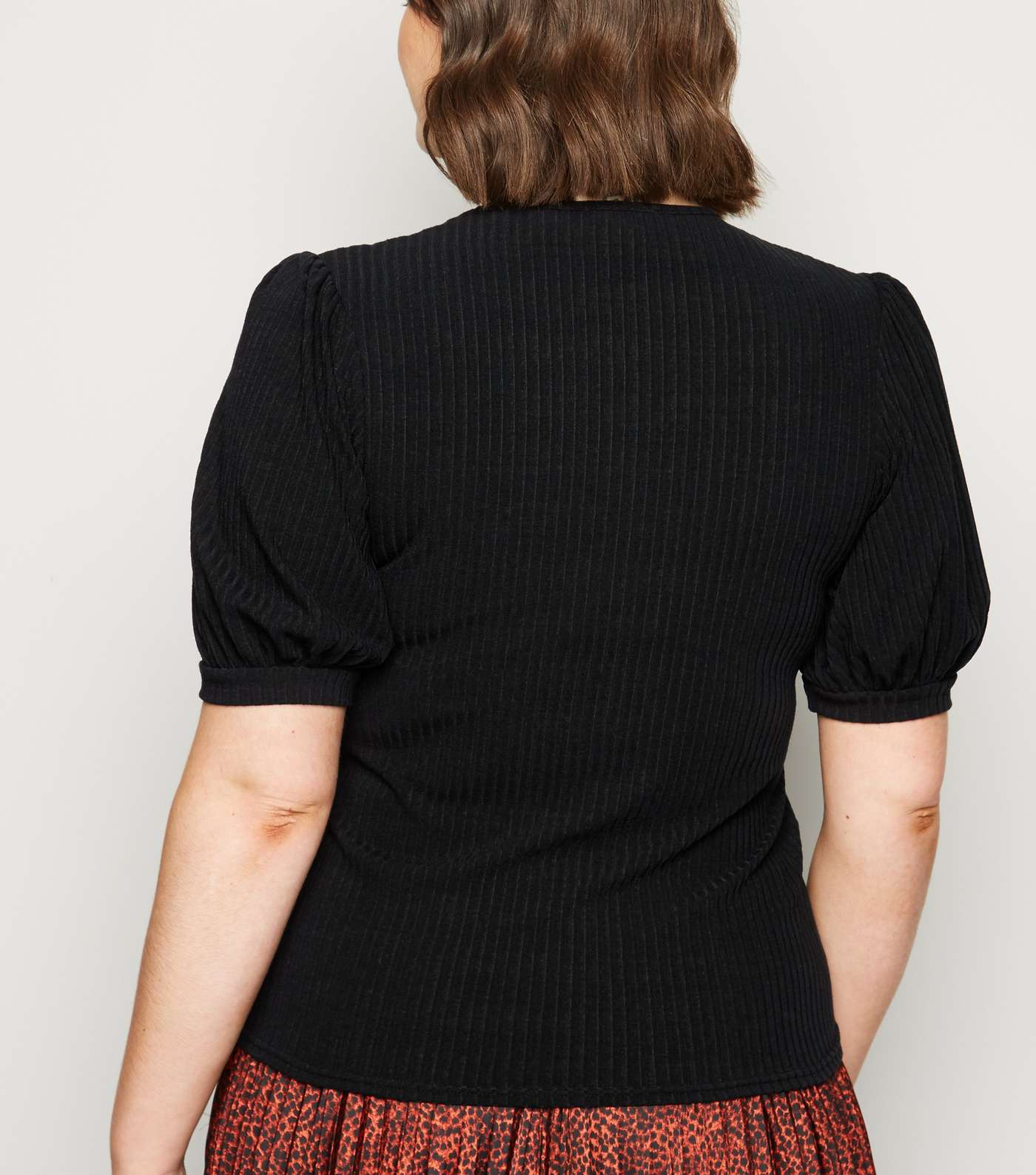 Curves Black Puff Sleeve Ribbed Knit Top Image 3