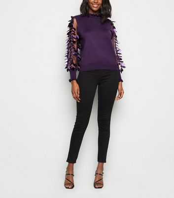 Dark Purple Leaf Mesh Sleeve Jumper 