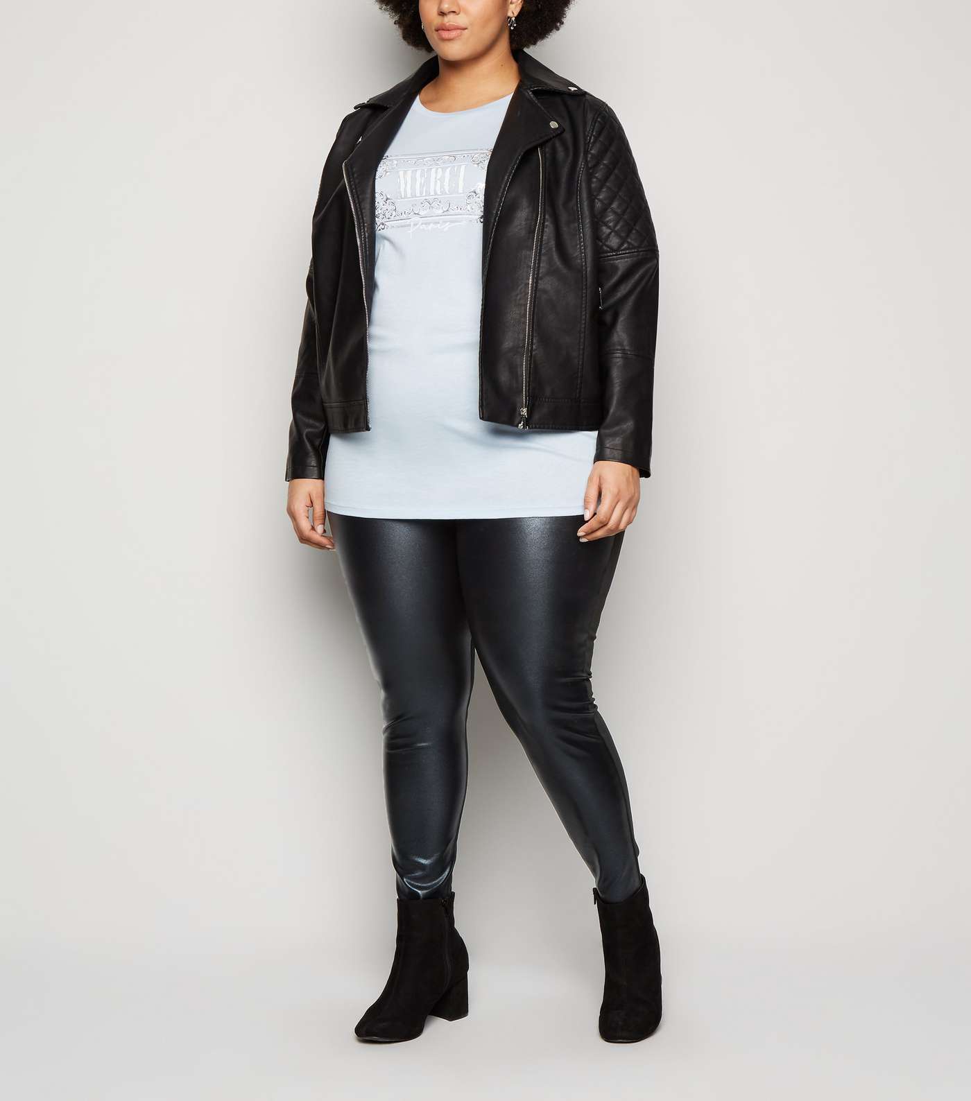 Curves Black Leather-Look Front Leggings