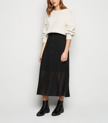 Image of Black Button Up Pleated Midi Skirt New Look