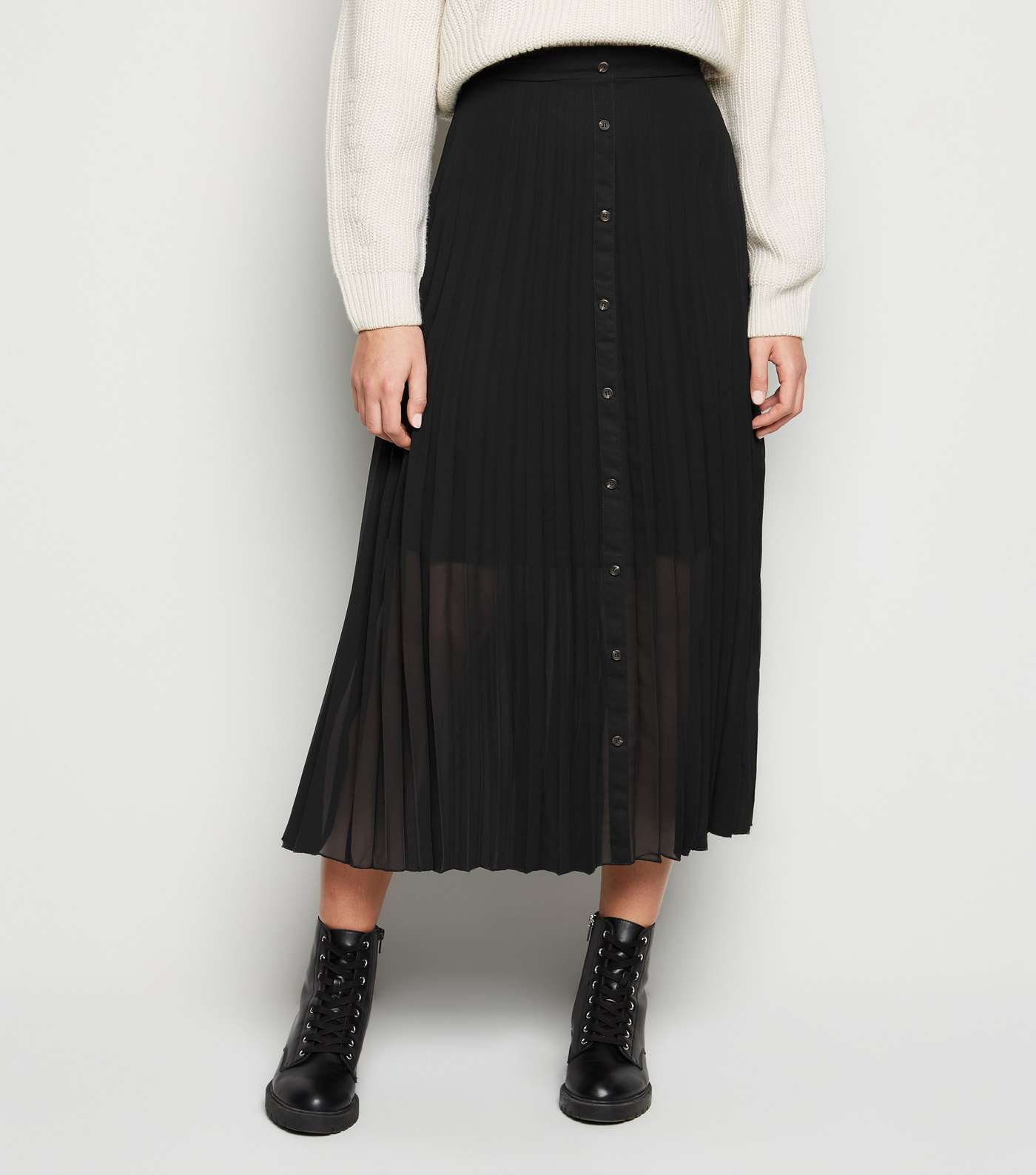 Black Button Up Pleated Midi Skirt Image 2