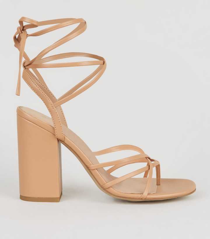 Camel Leather-Look Block Heel Ankle Tie Sandals 
