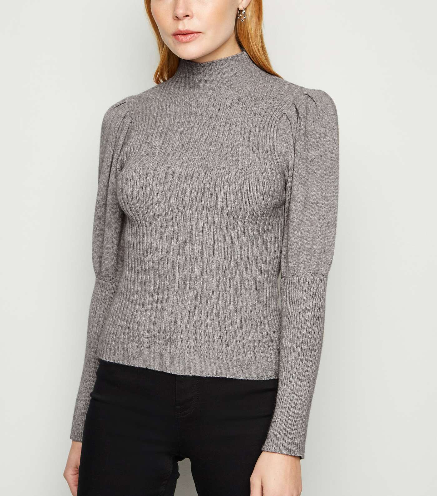 Cameo Rose Pale Grey Ribbed Puff Sleeve Jumper