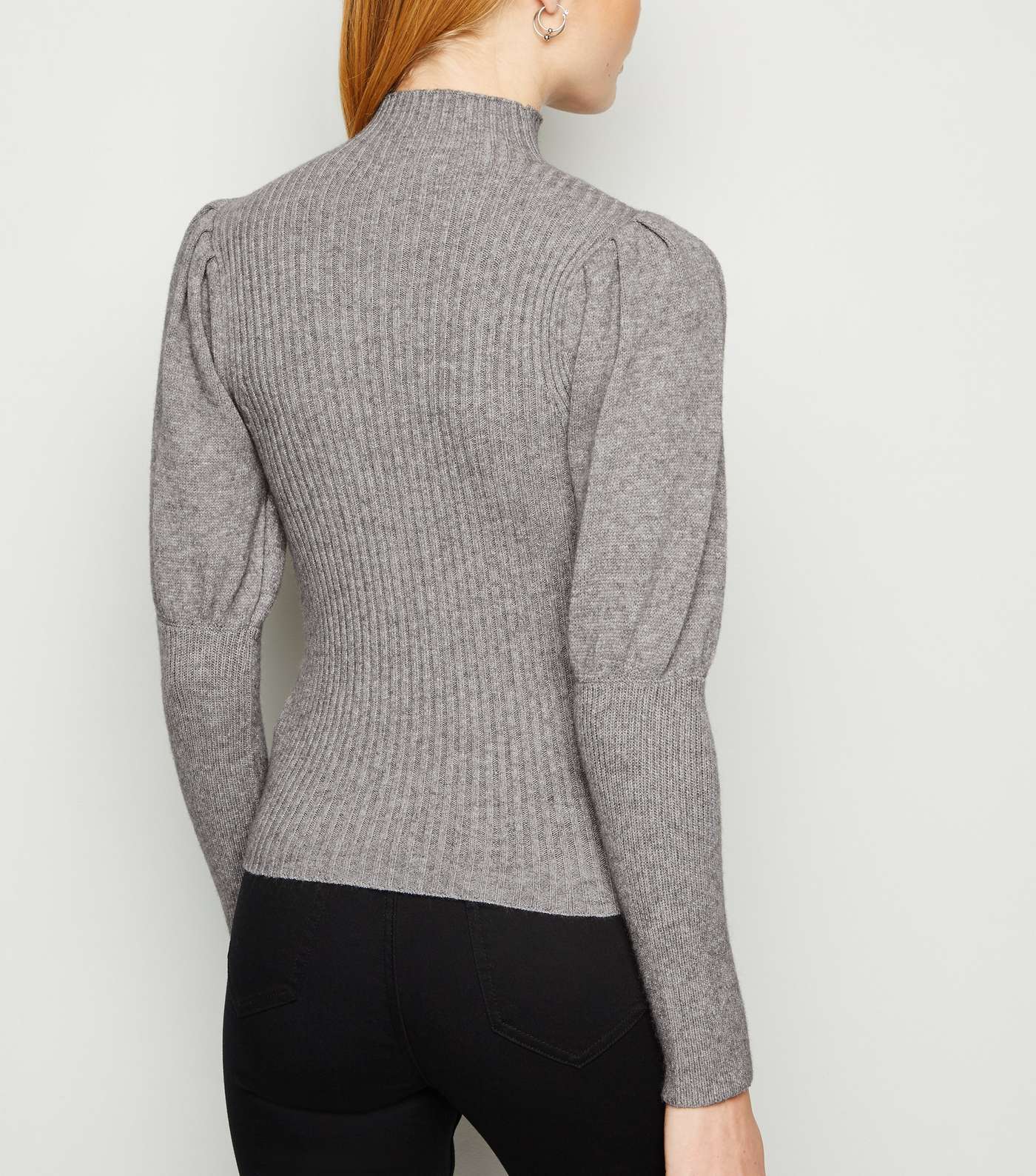 Cameo Rose Pale Grey Ribbed Puff Sleeve Jumper Image 3