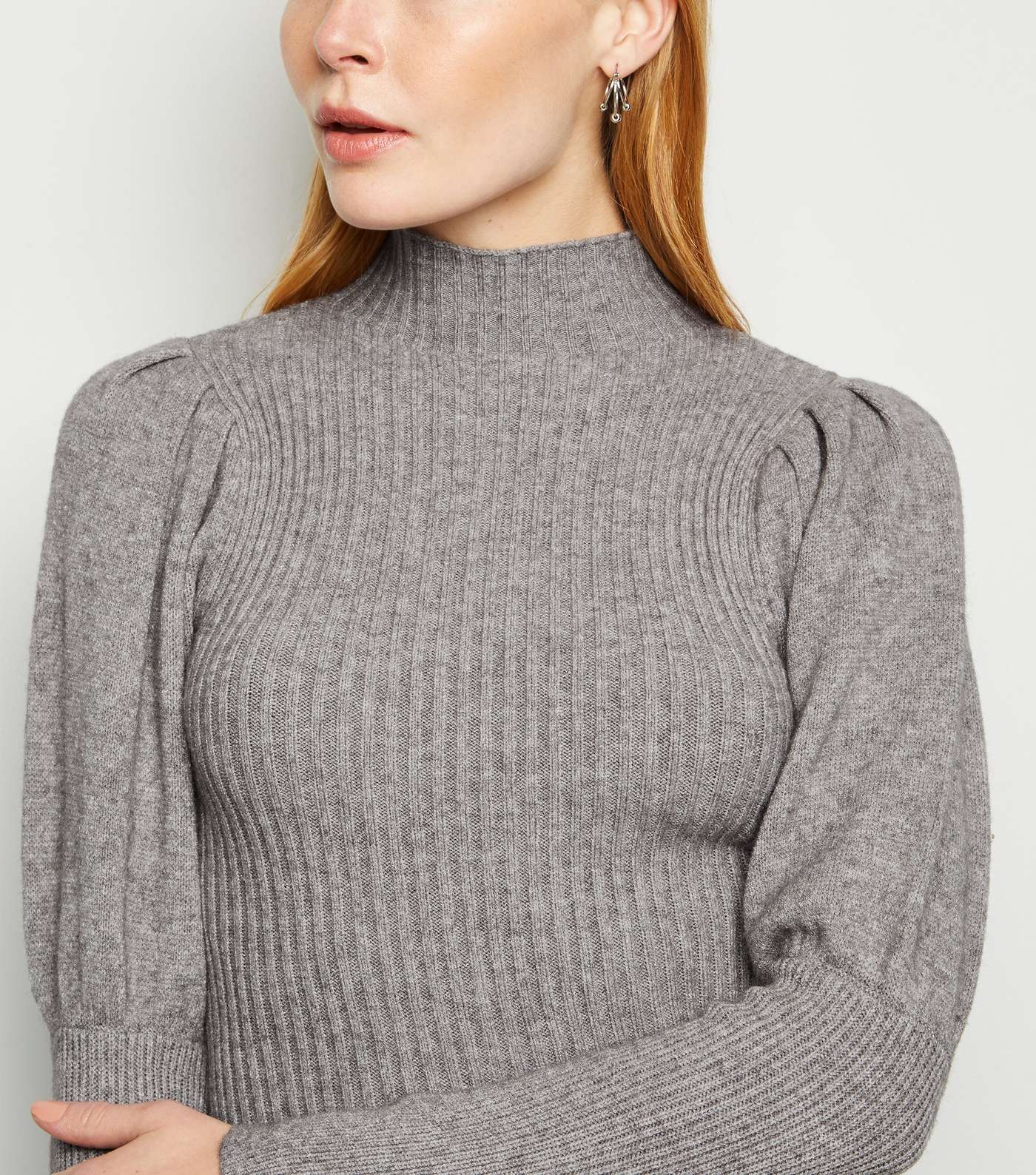 Cameo Rose Pale Grey Ribbed Puff Sleeve Jumper Image 5