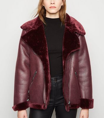 New look burgundy fur coat sale