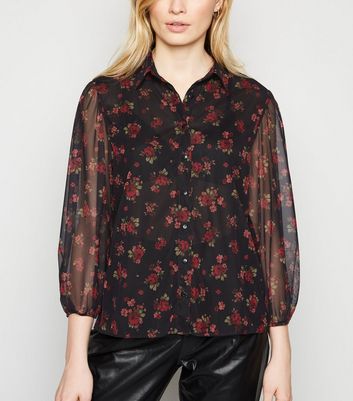 Image of Black Ditsy Floral Mesh Puff Sleeve Shirt New Look