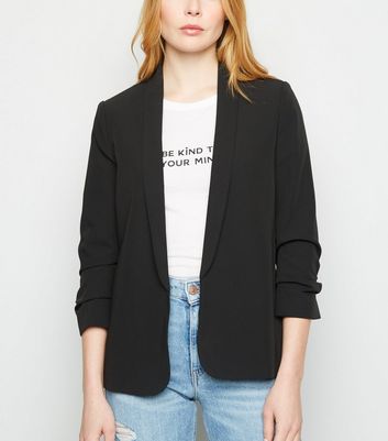 womens black ruched sleeve blazer