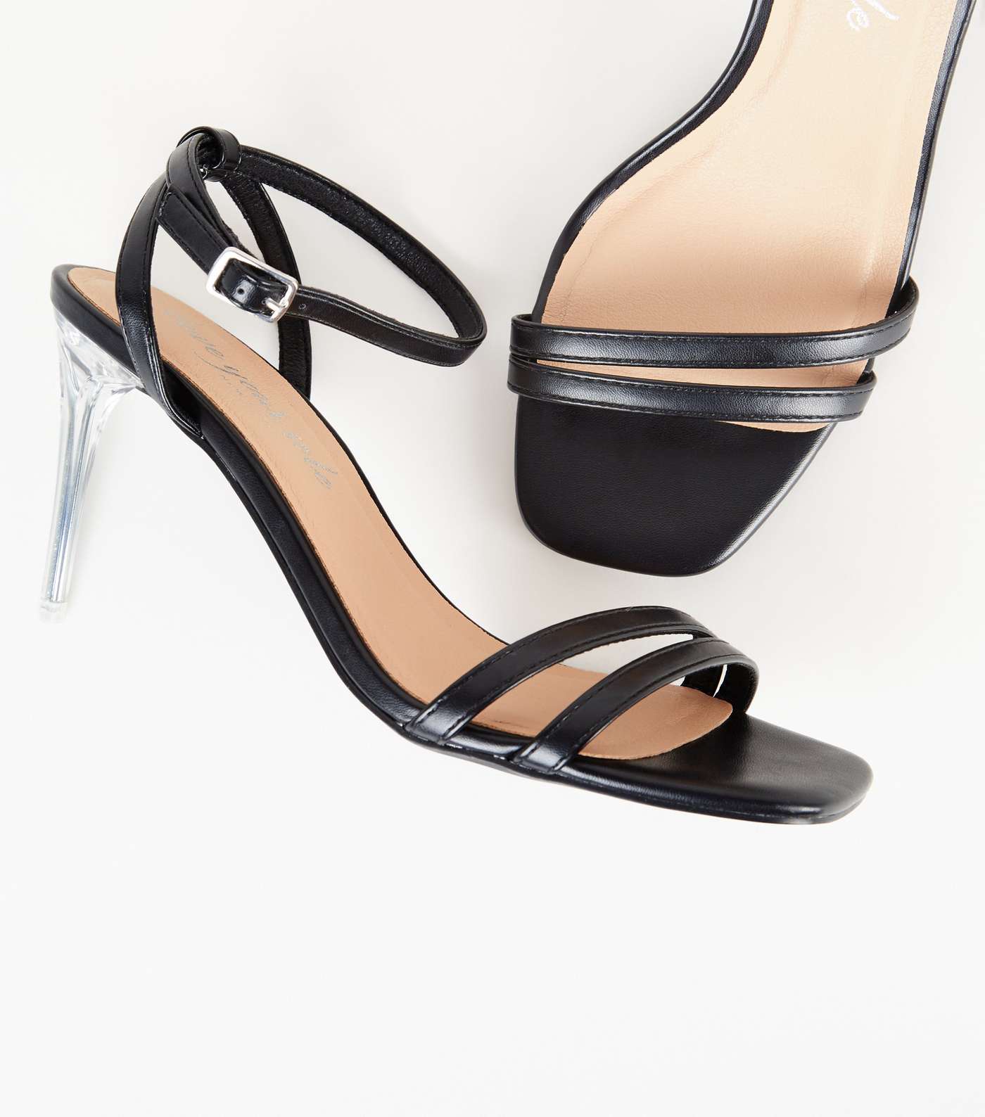 Black Leather-Look 2 Strap Clear Stiletto Heels Image 4