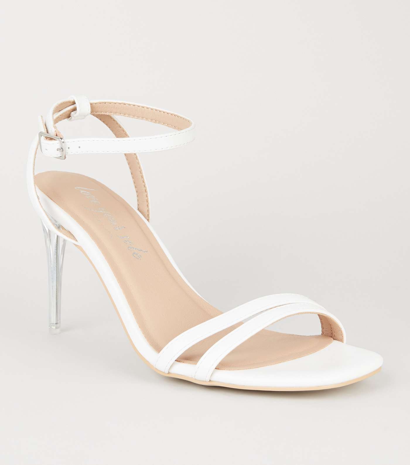 White Leather-Look 2 Strap Clear Stiletto Heels