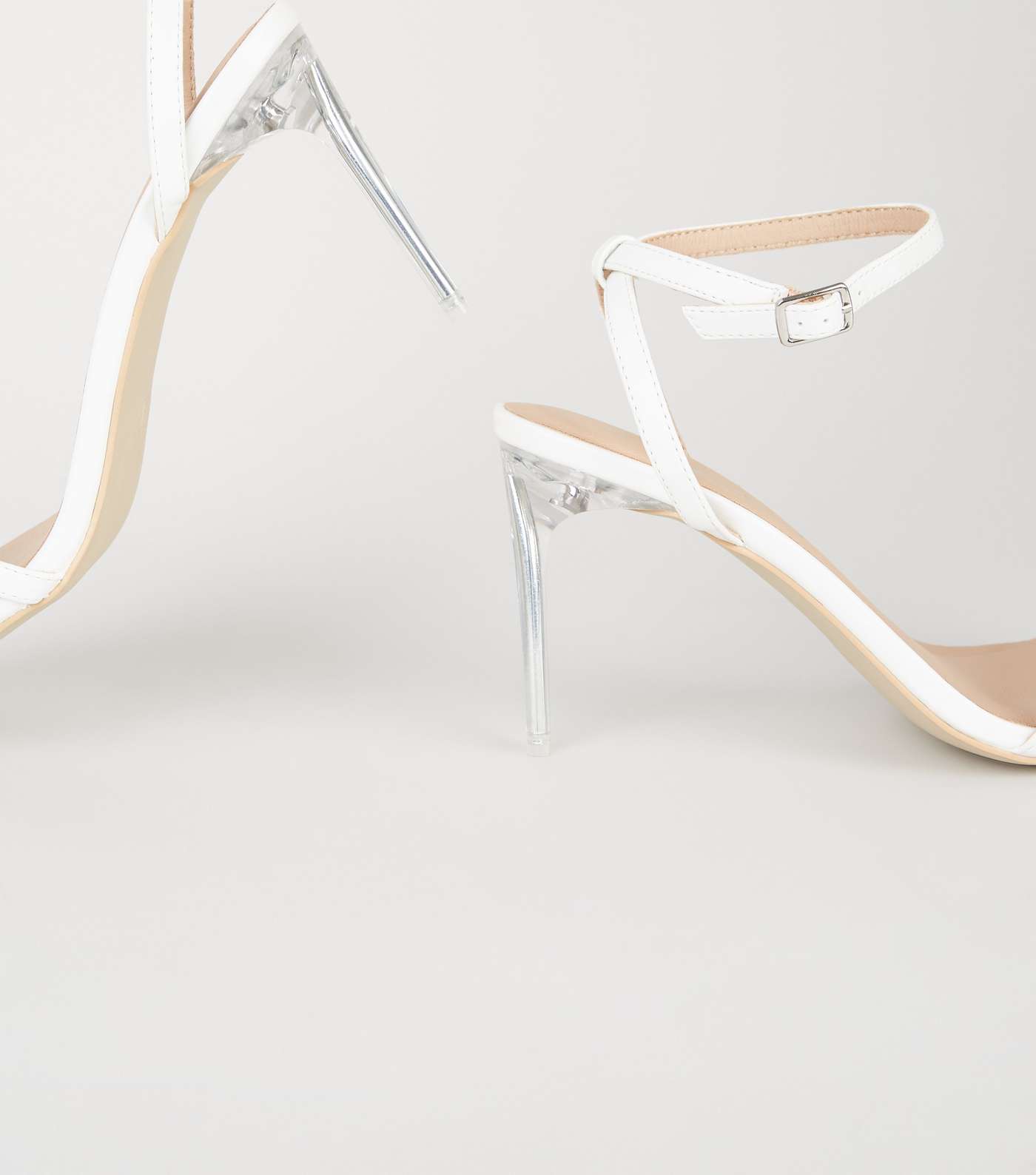 White Leather-Look 2 Strap Clear Stiletto Heels Image 3