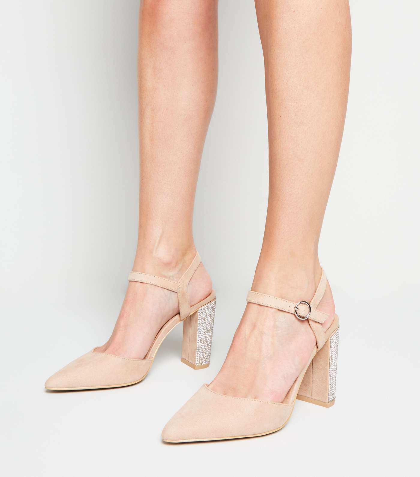 Pale Pink Suedette Gem Heel Pointed Court Shoes Image 2