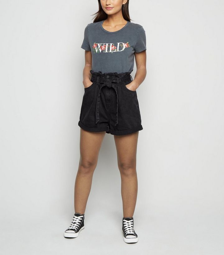 Petite Schwarze Jeansshorts Mit Taillenband New Look