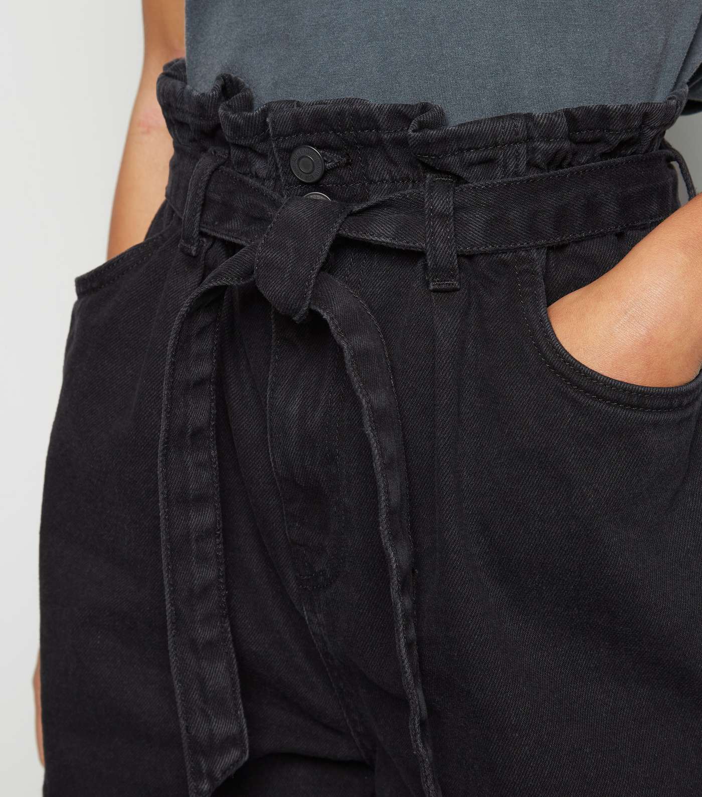 Petite Black Tie Waist Denim Shorts Image 5