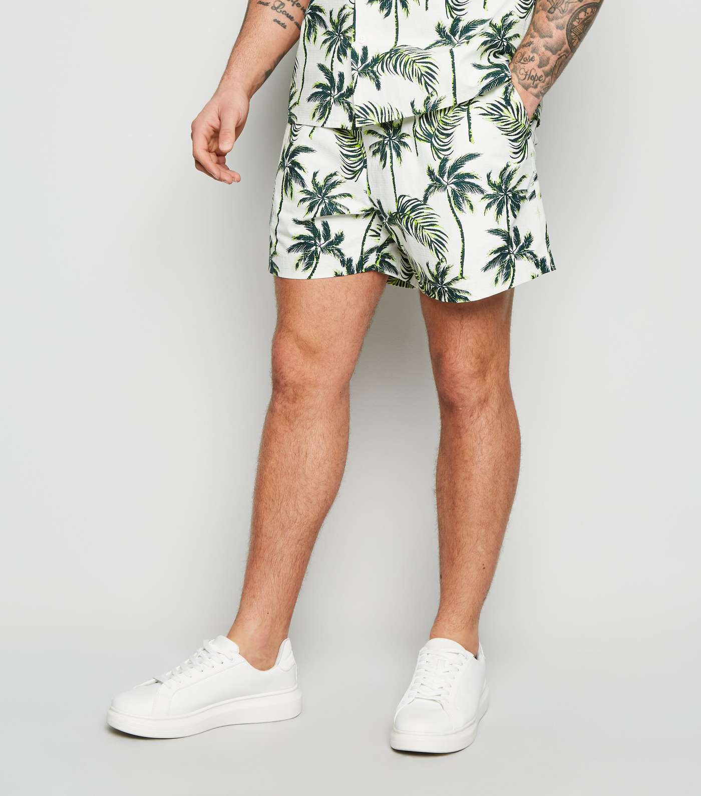 White Tropical Palm Print Shorts