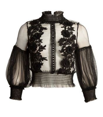 Image of Cutie London Black Floral Lace Mesh Top New Look