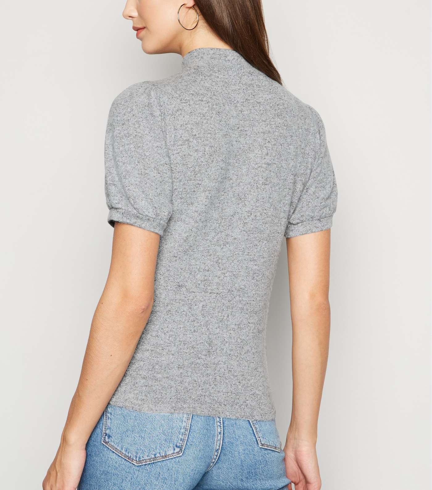 Pale Grey Puff Sleeve Brushed Knit T-Shirt  Image 3