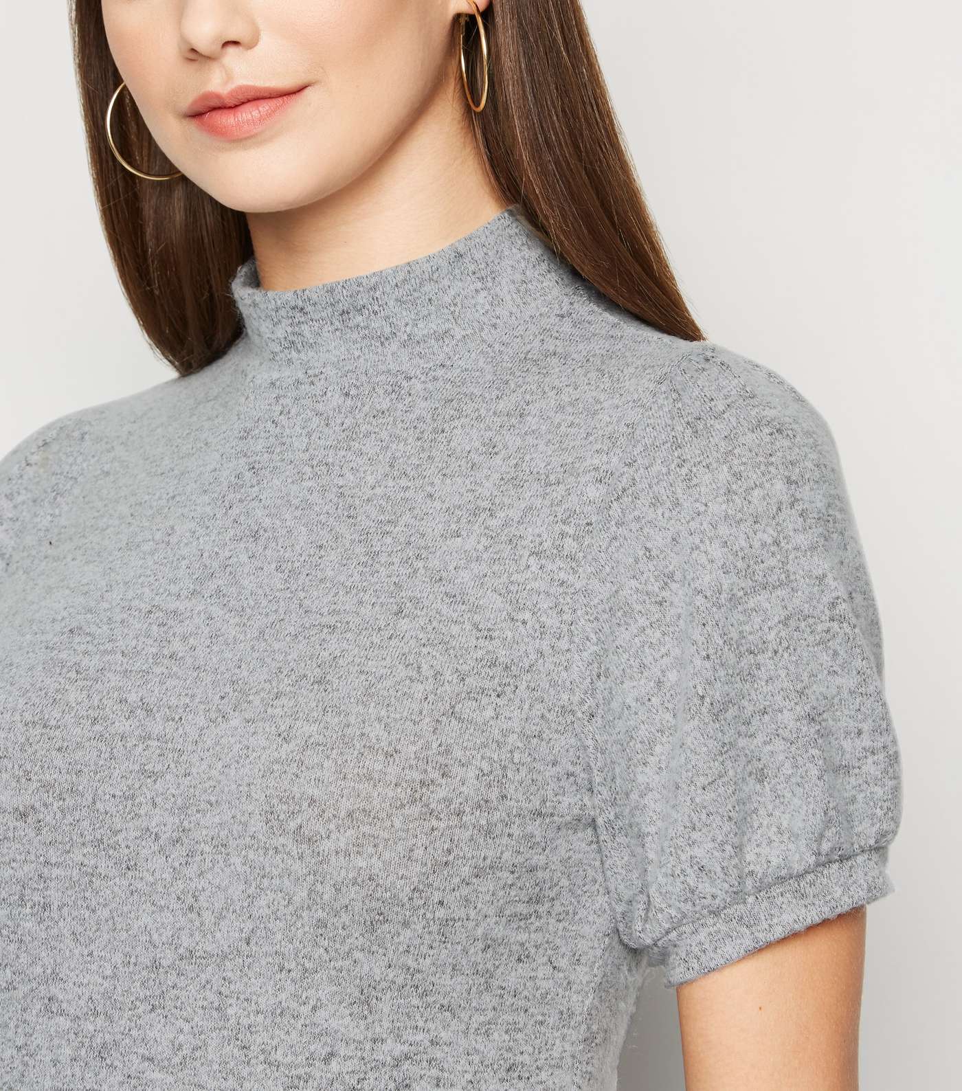 Pale Grey Puff Sleeve Brushed Knit T-Shirt  Image 5