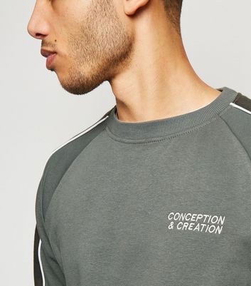 Image of Olive Piped Trim Embroidered Slogan Sweatshirt New Look