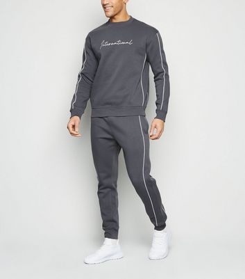 Image of Dark Grey International Embroidered Slogan Sweatshirt New Look