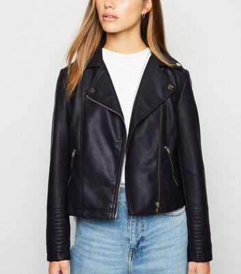 Petite Black Leather-Look Quilted Biker Jacket | New Look