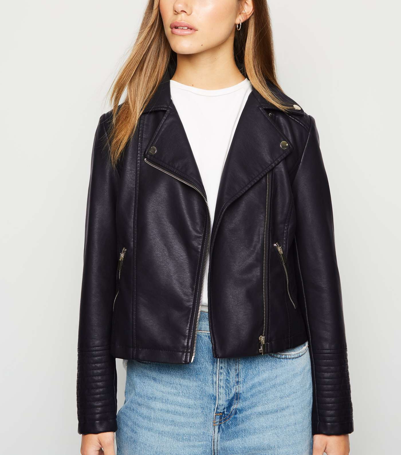 Petite Black Leather-Look Quilted Biker Jacket