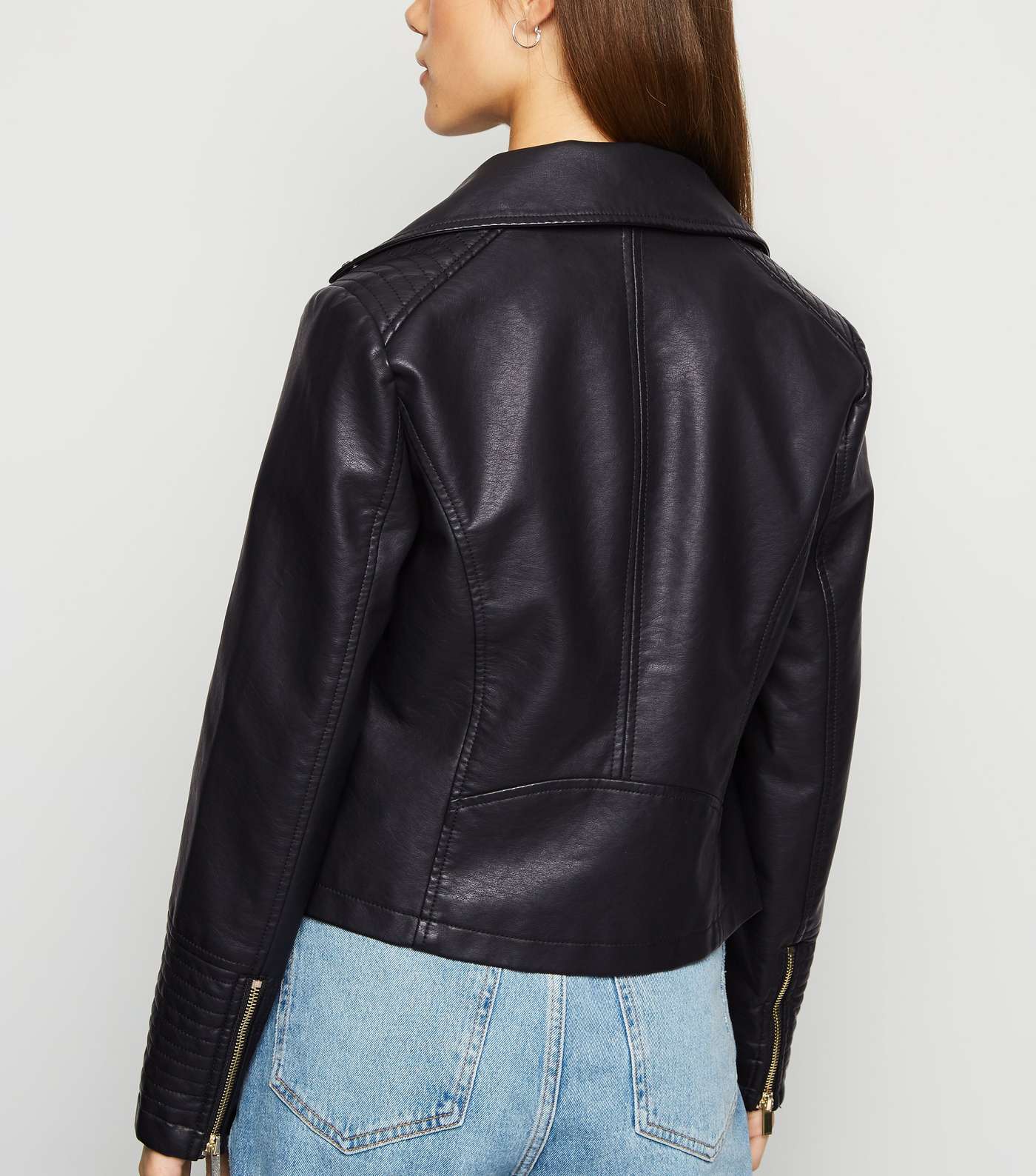 Petite Black Leather-Look Quilted Biker Jacket Image 3
