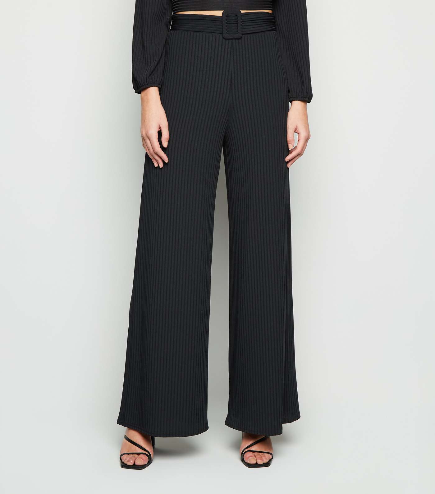 Black Ribbed Belted Wide Leg Trousers Image 2