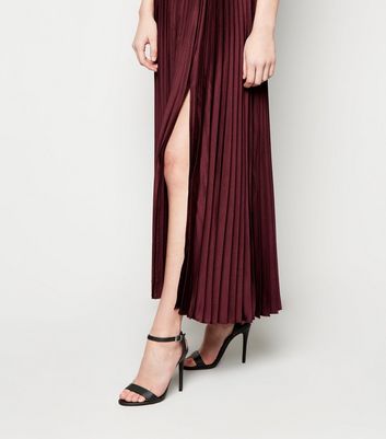Burgundy satin pleated midi dress Clearance