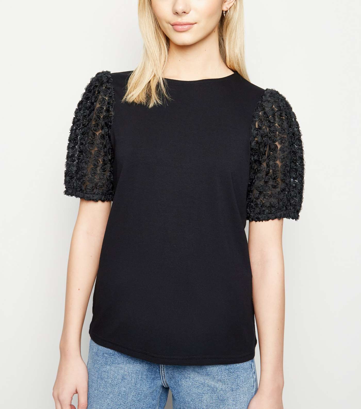 Black 3D Floral Sleeve T-Shirt