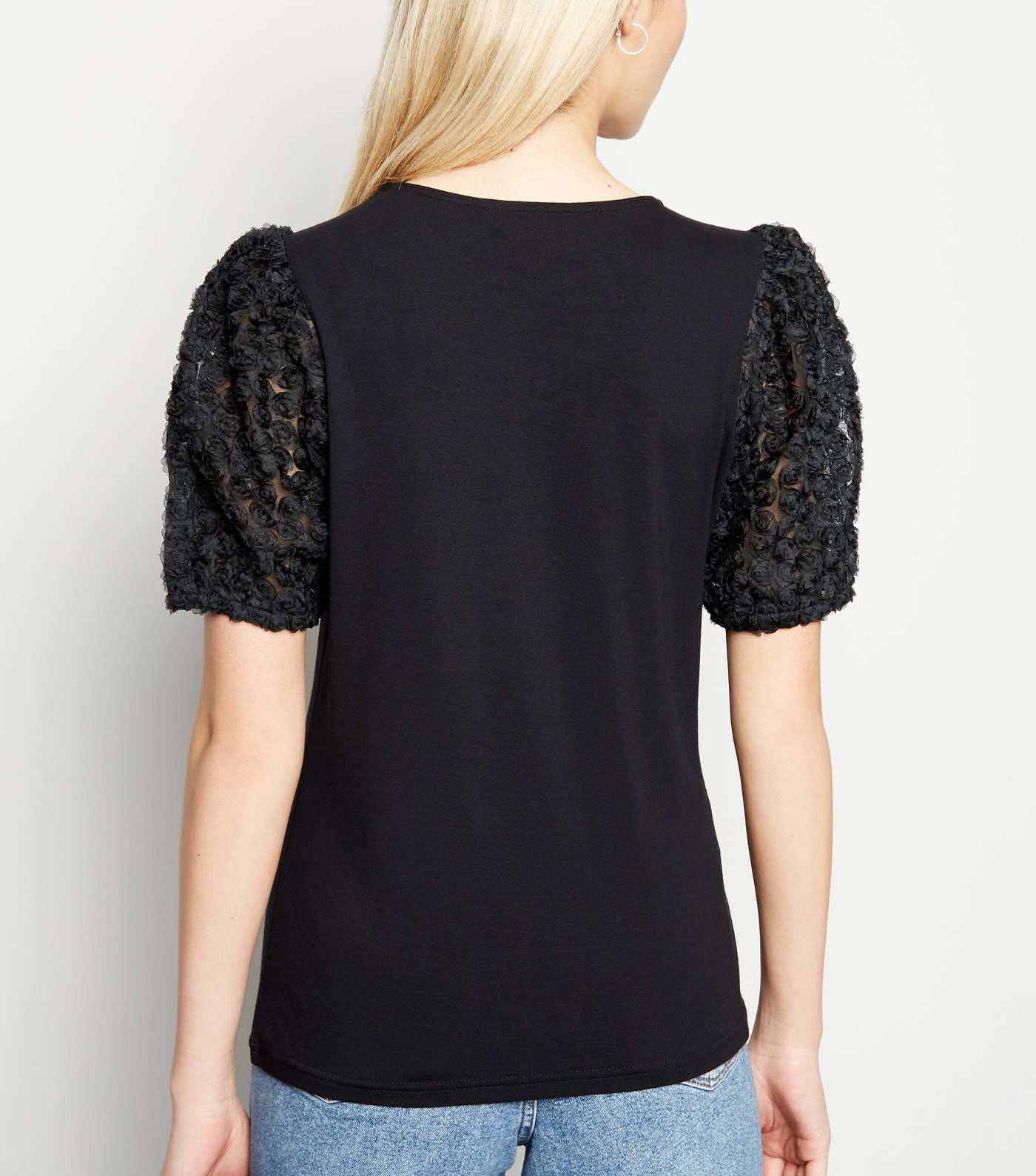 Black 3D Floral Sleeve T-Shirt Image 3