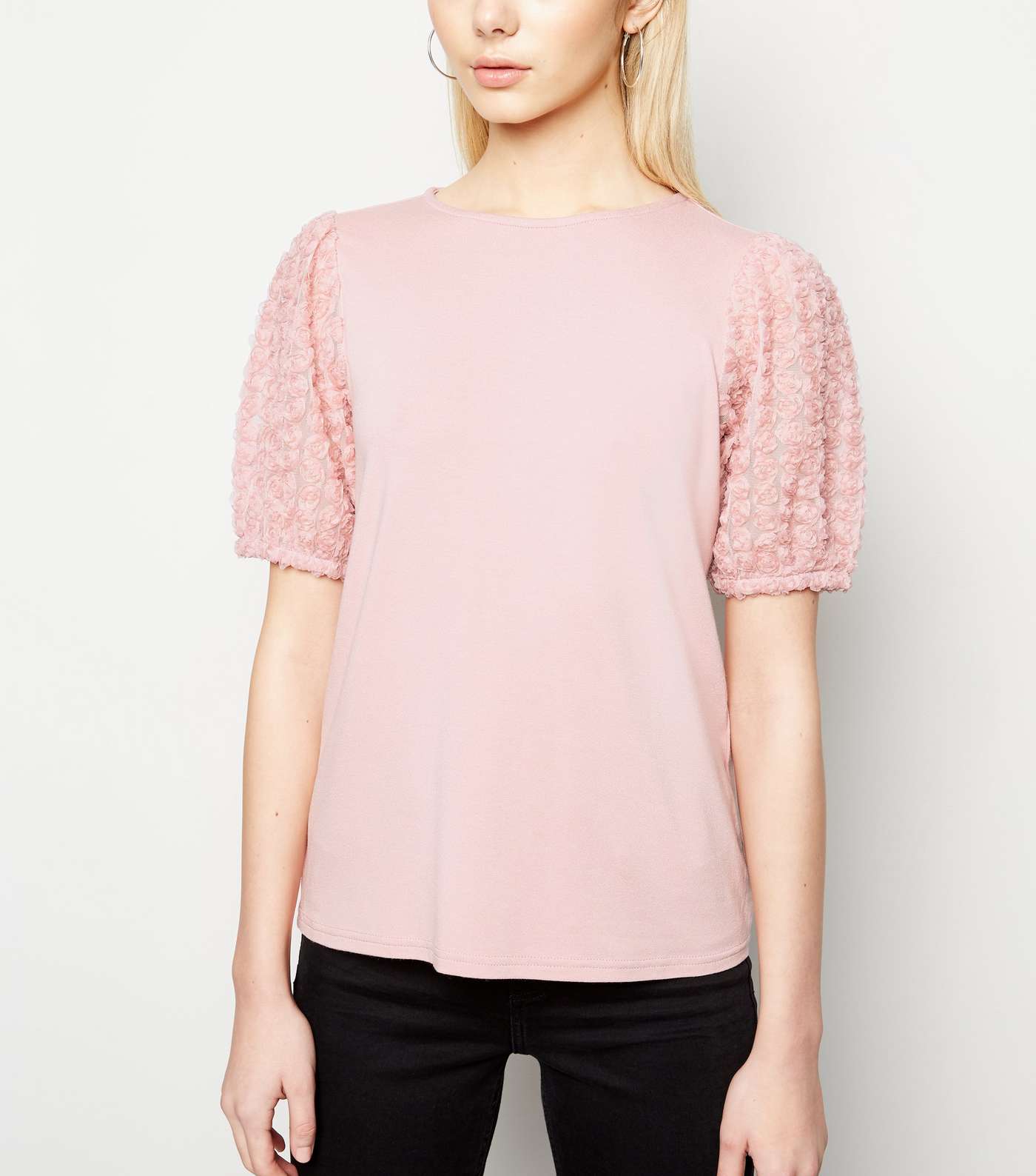 Pale Pink 3D Floral Sleeve T-Shirt
