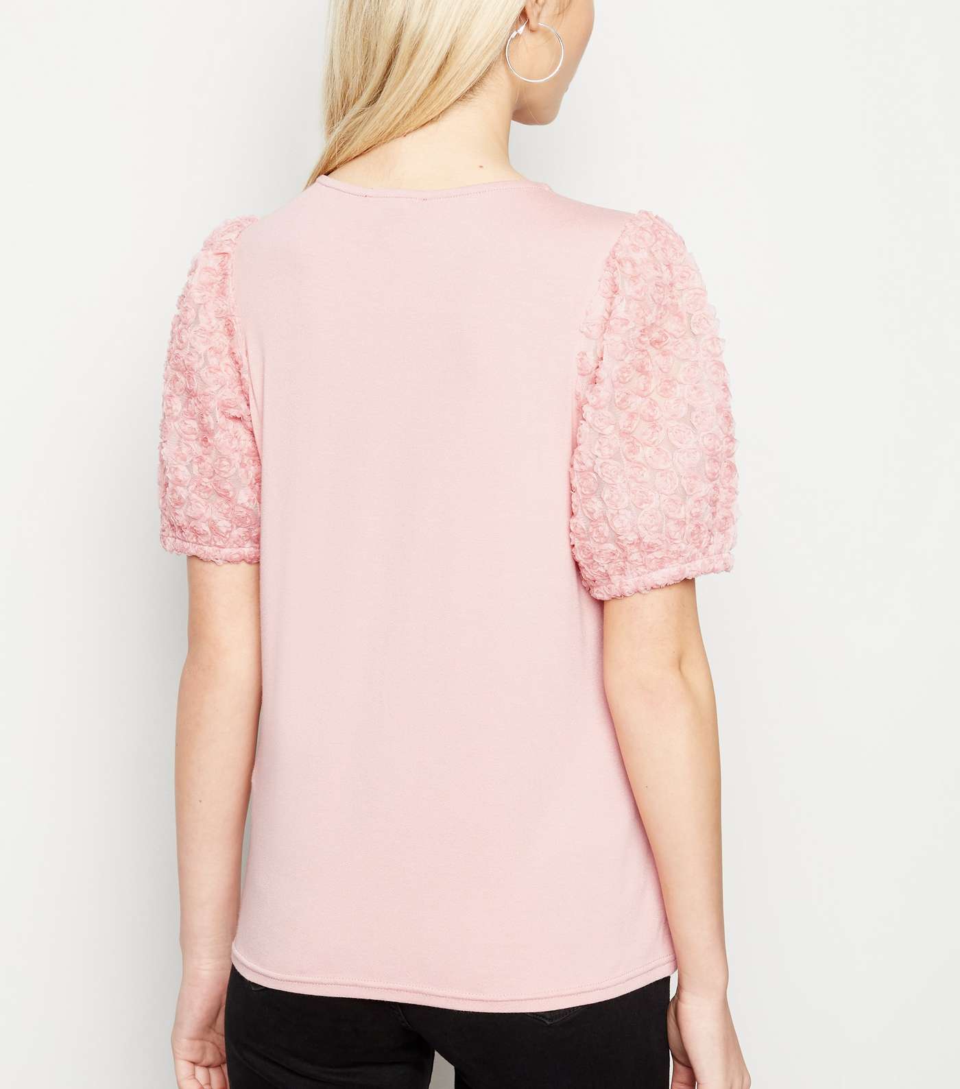 Pale Pink 3D Floral Sleeve T-Shirt Image 3