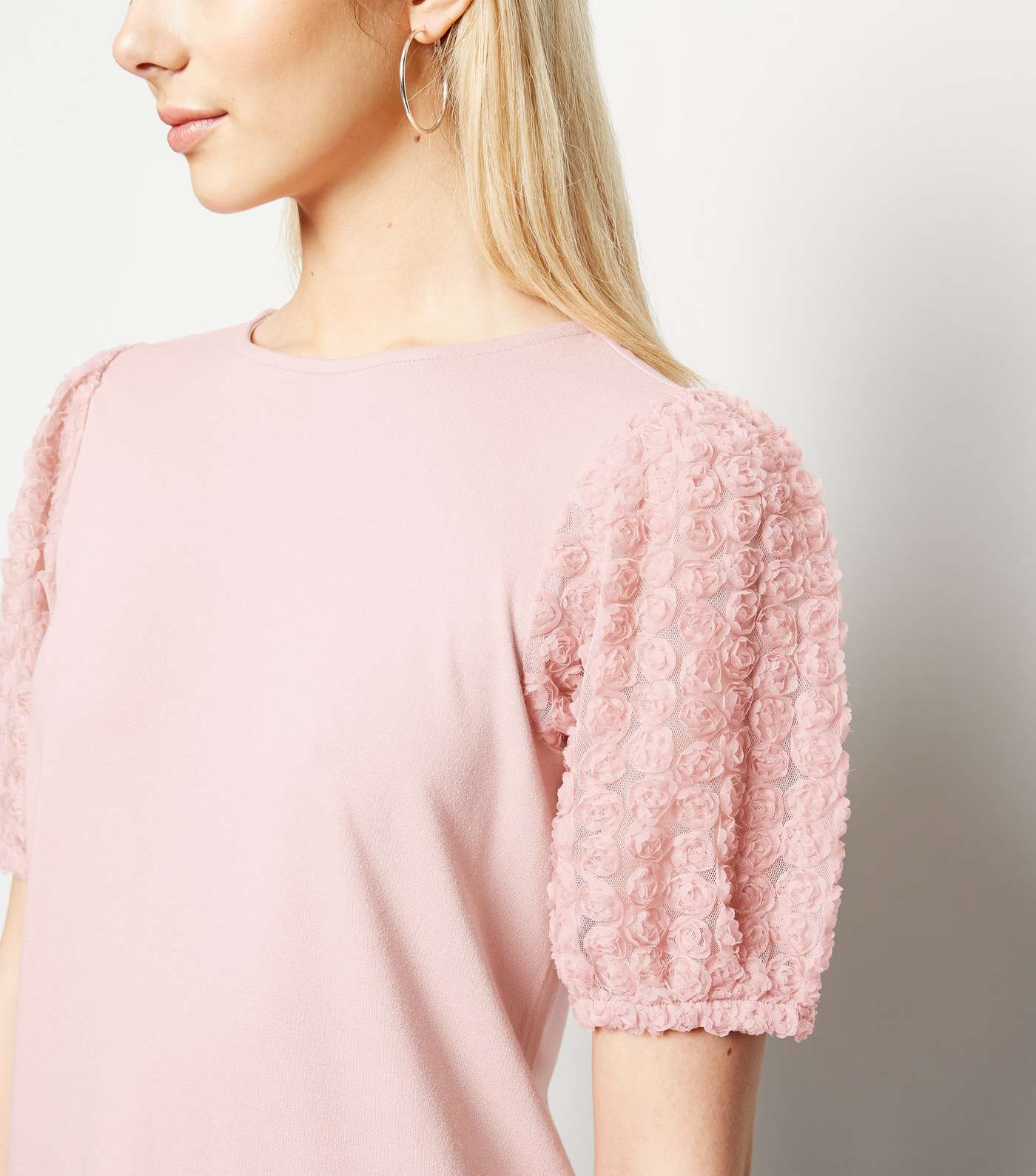 Pale Pink 3D Floral Sleeve T-Shirt Image 5