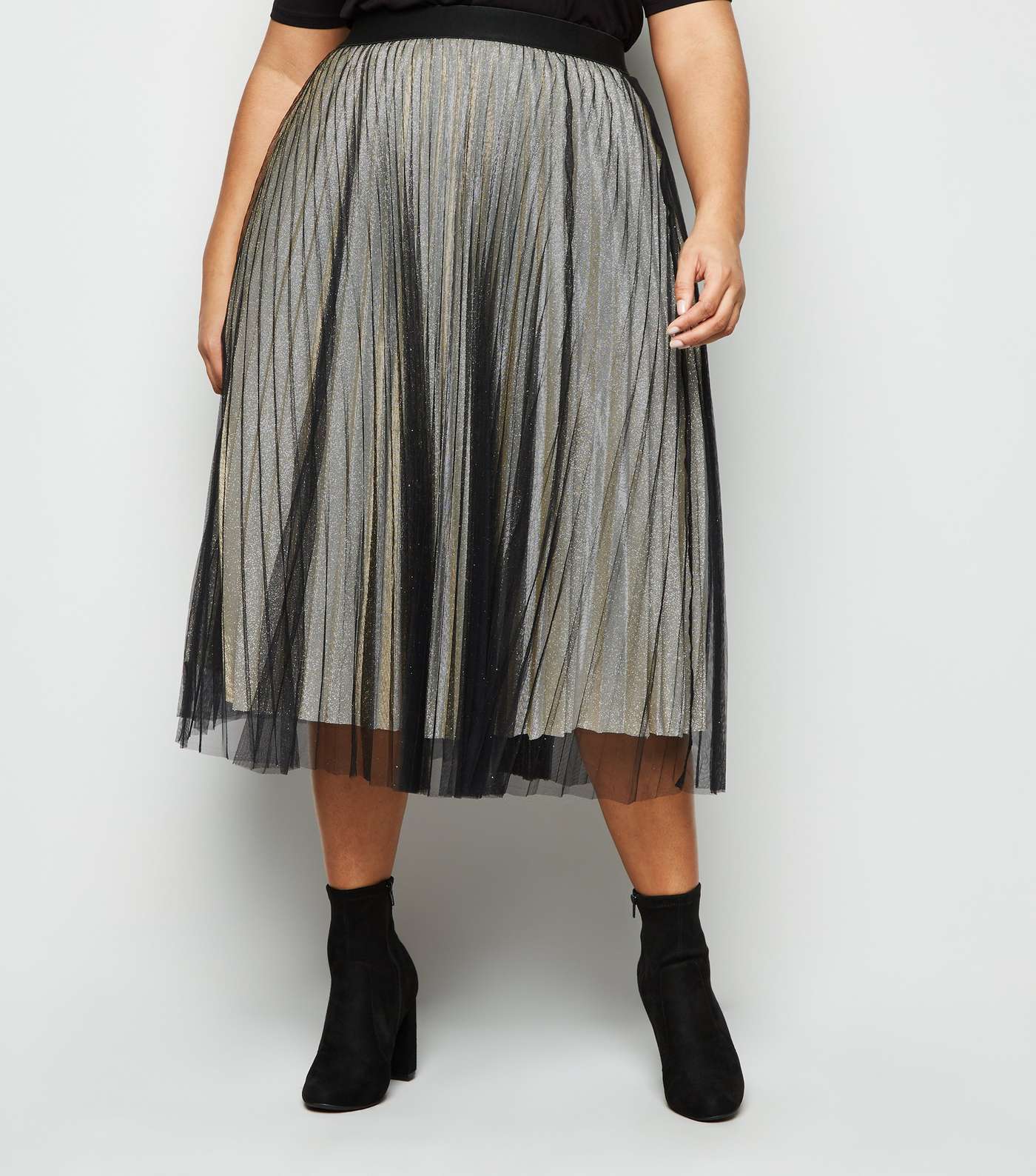Curves Black Glitter Mesh Pleated Skirt Image 2