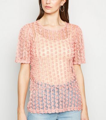Image of Mid Pink D Mesh Floral Top New Look