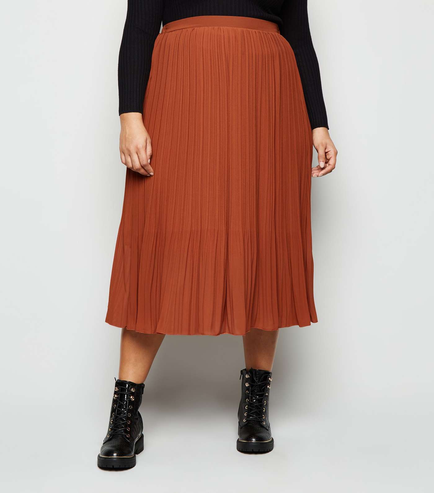 Curves Rust Chiffon Pleated Midi Skirt Image 2