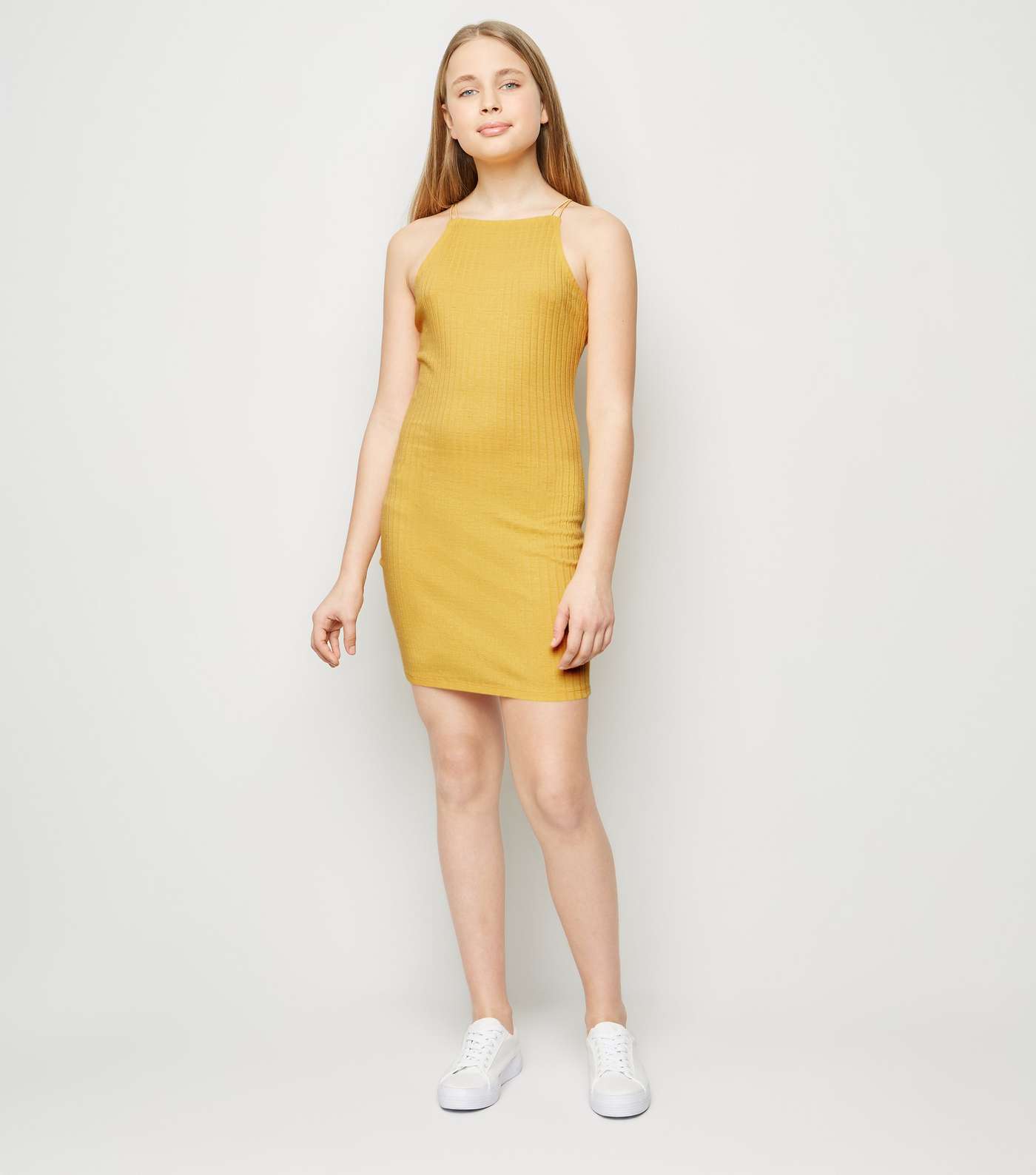 Girls Yellow Ribbed Mini Dress Image 2