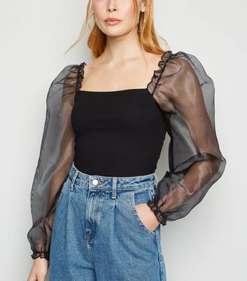 Black Long Organza Sleeve Top | New Look