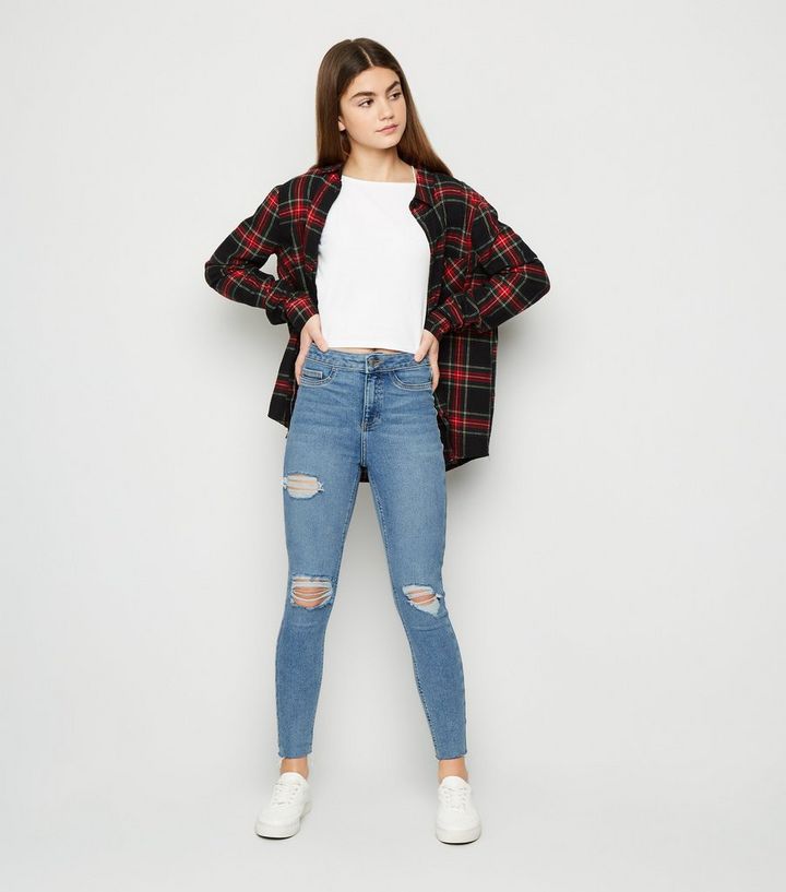 Girls Blue Ripped High Waist Super Skinny Jeans New Look