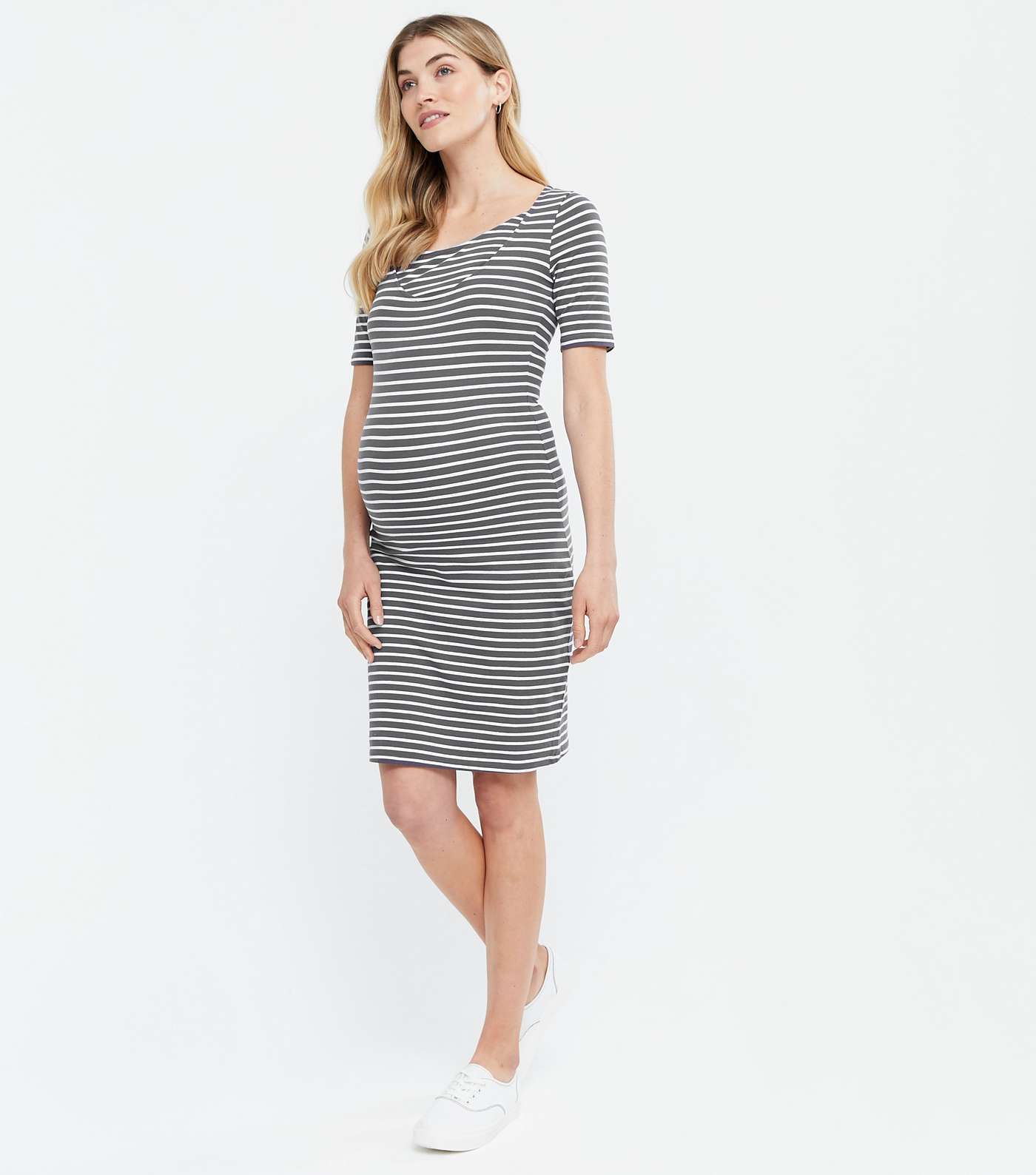 Maternity Light Grey Stripe Nursing Dress Image 2