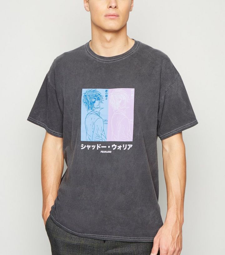 Dark Grey Fearless Anime Oversized Logo T Shirt New Look