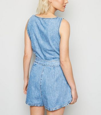 Pale Blue Denim Button Front Belted Utility Playsuit | New Look