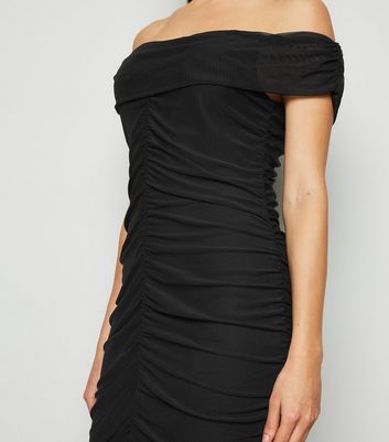 Image of Missfiga Black Ruched Mesh Bardot Dress New Look