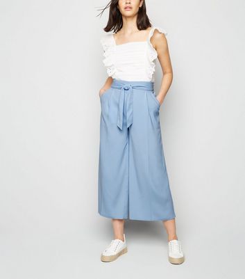 Pale Blue Tie High Waist Crop Trousers New Look