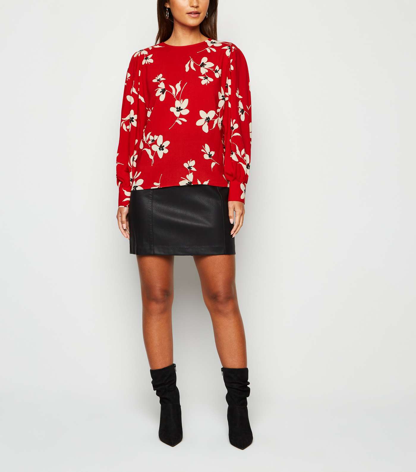 Petite Red Floral Puff Sleeve Blouse Image 2